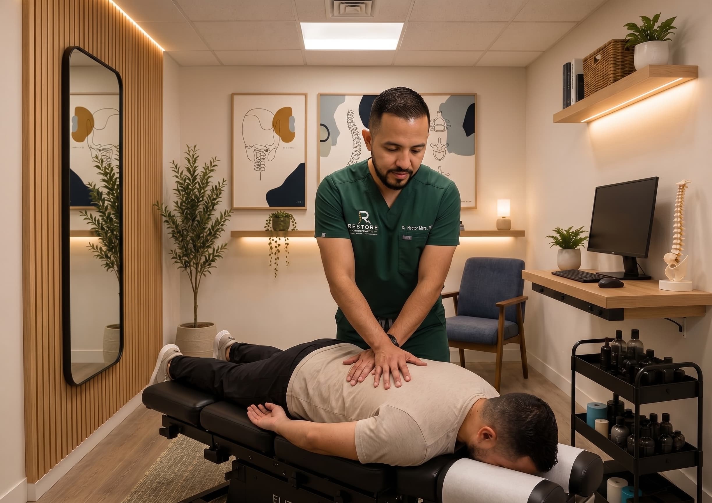 Dr. Hector Mera, DC, adjusting a seated patient's neck in the Restore Chiropractic treatment room