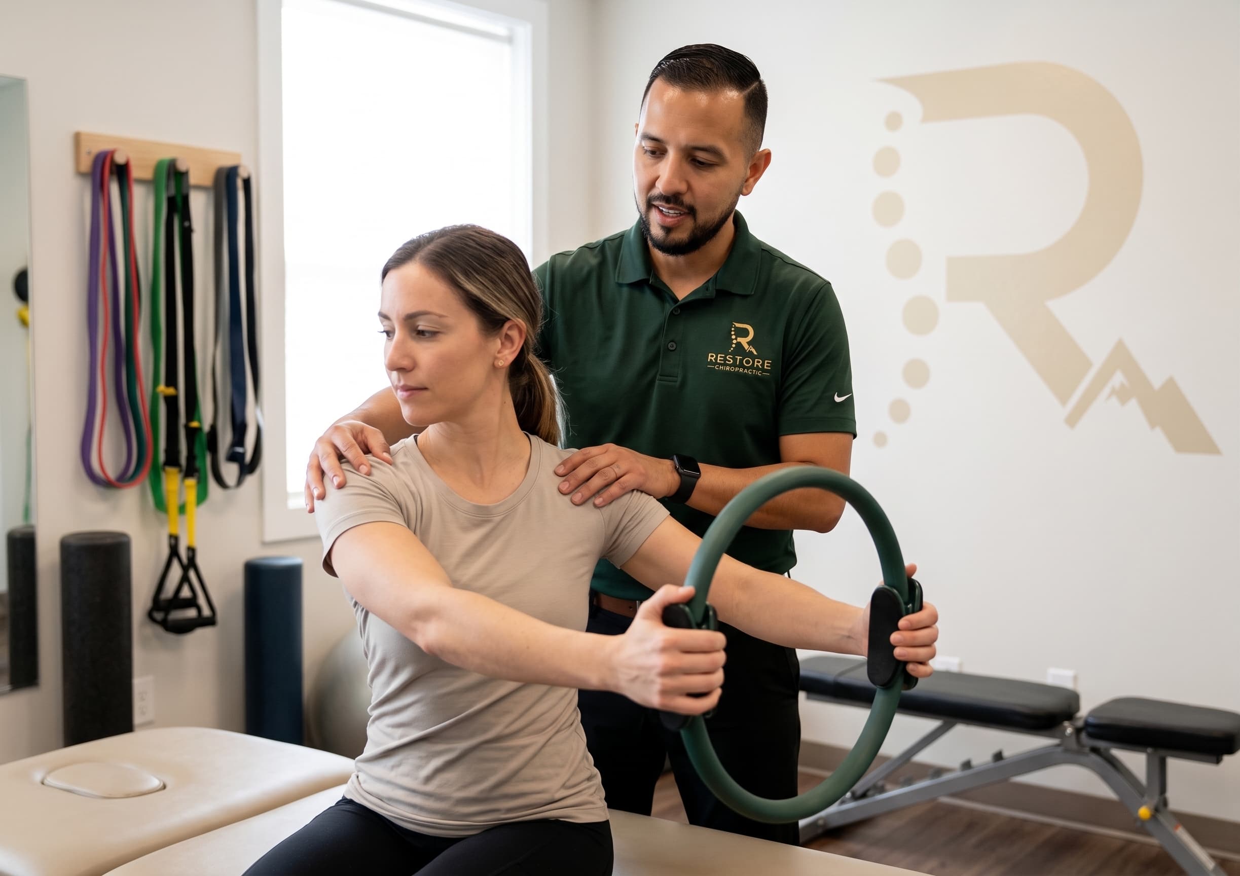 Dr. Hector Mera, DC, guiding a patient through a shoulder exercise with a pilates ring in the rehab room