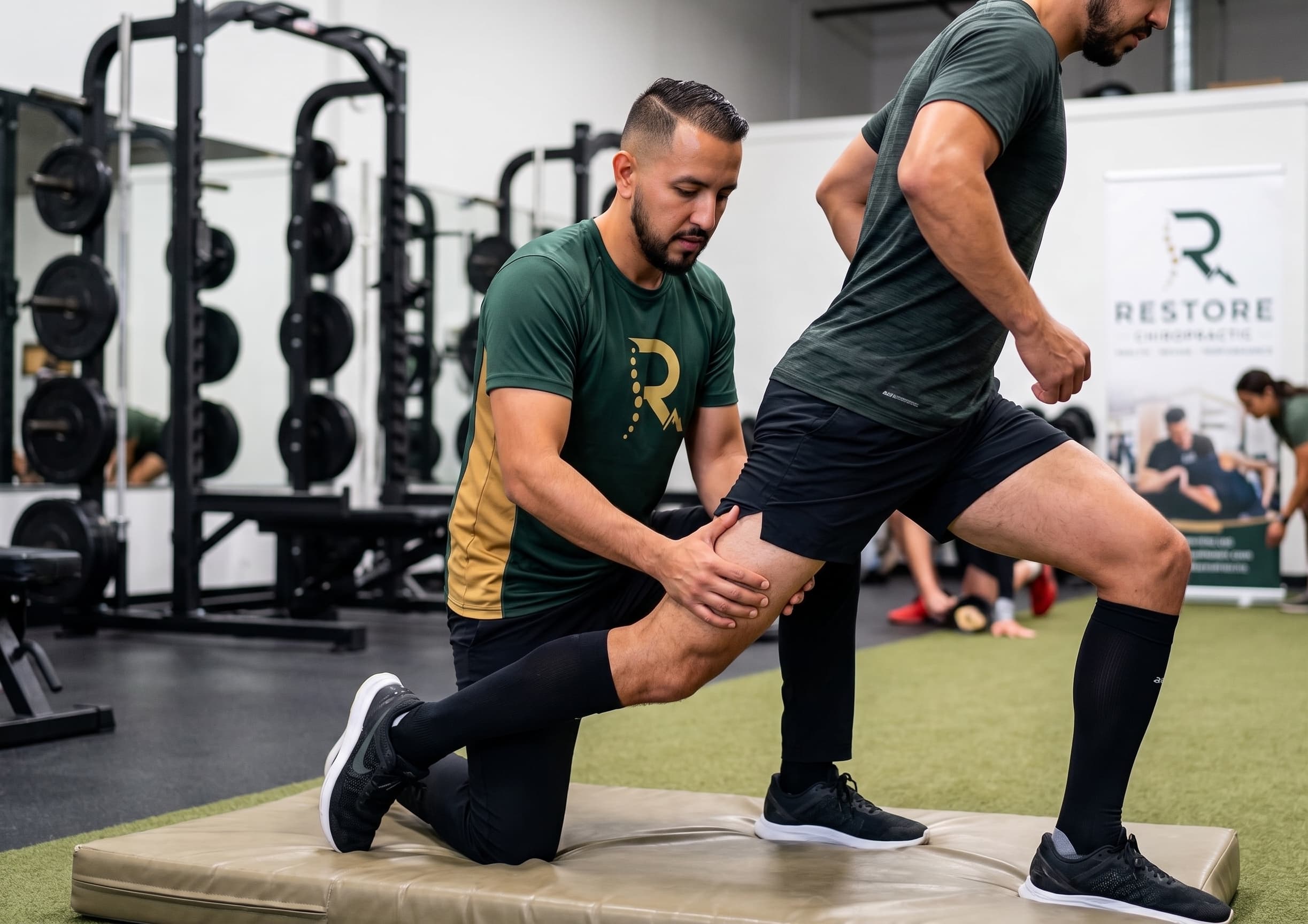 Dr. Hector Mera, DC, assessing an athlete's hip and leg during a lunge in a training gym